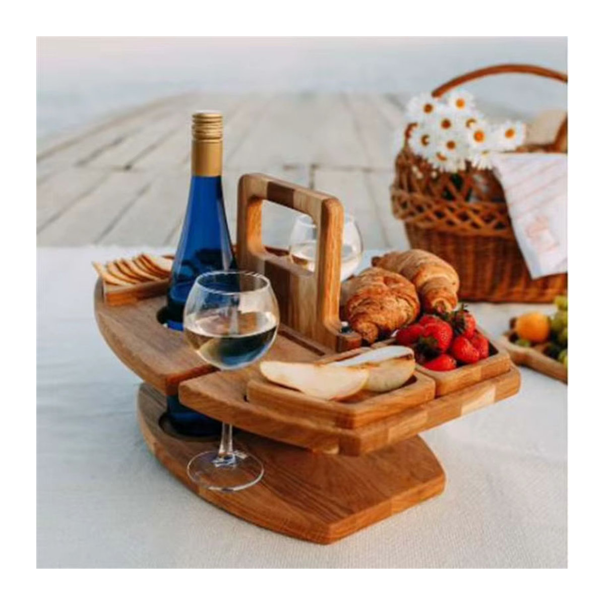 Runder Klappbarer Picknicktisch aus Holz mit Glashalter und Snack-Tablett in Natur und Grau - Bild 5