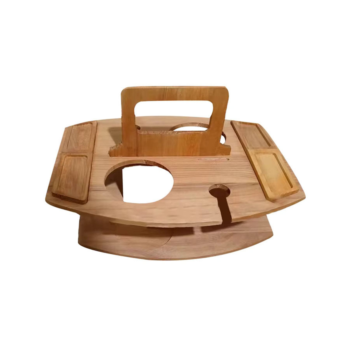 Runder Klappbarer Picknicktisch aus Holz mit Glashalter und Snack-Tablett in Natur und Grau - Bild 6