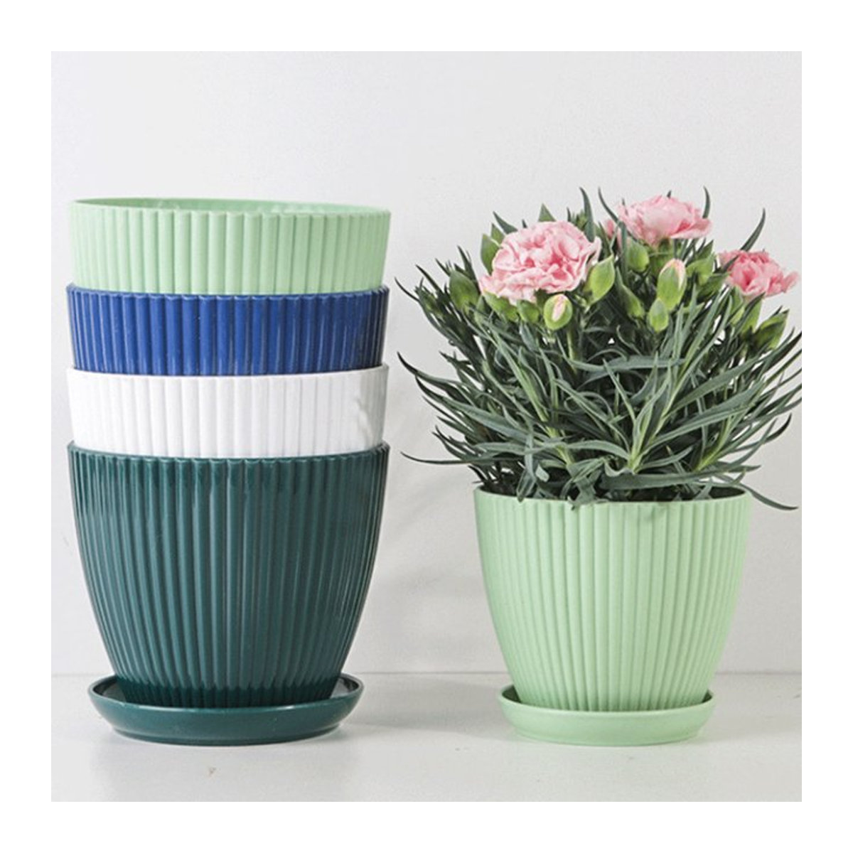 Runder Kunststoff-Blumentopf von ACRDDK in Grün mit Tablett für Sukkulenten und Topfpflanzen - Bild 1