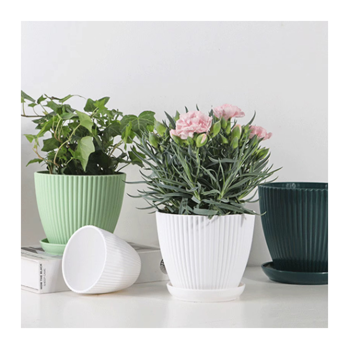Runder Kunststoff-Blumentopf von ACRDDK in Grün mit Tablett für Sukkulenten und Topfpflanzen - Bild 3