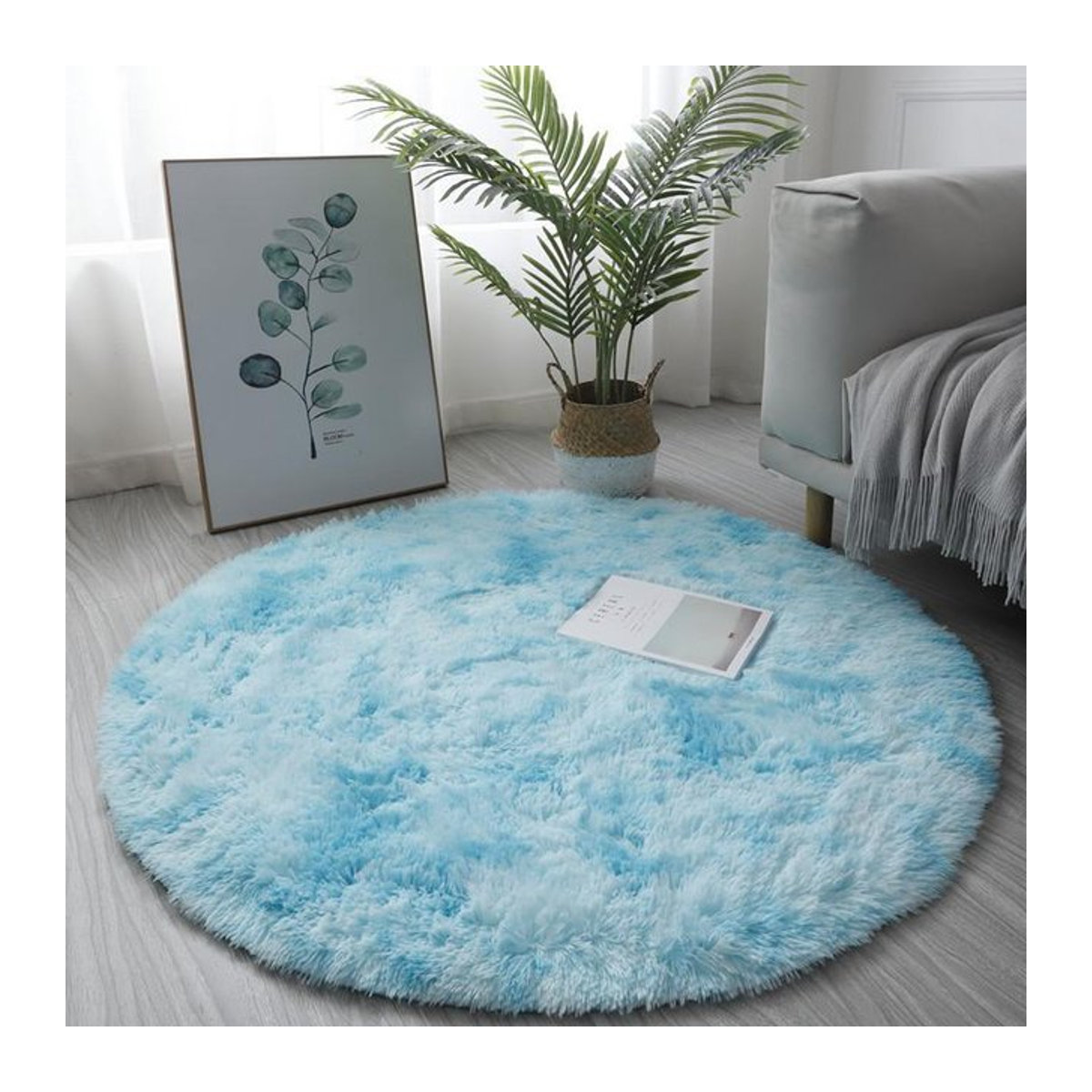 Runder Plüschteppich von NATAWA in Blau und Weiß, flauschiger Teppich mit dickem Flor für Wohnzimmer, Schlafzimmer oder Kinderzimmer, Durchmesser: 100 cm - Bild 1