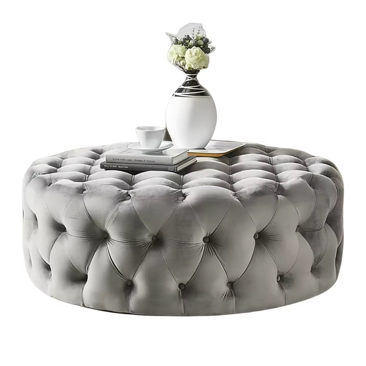 Runder Polsterhocker aus Samt in Beige, Skandinavischer Design-Ottomane für Wohnzimmer und Schlafzimmer, Durchmesser: 90 cm, Höhe: 40 cm - Bild 5