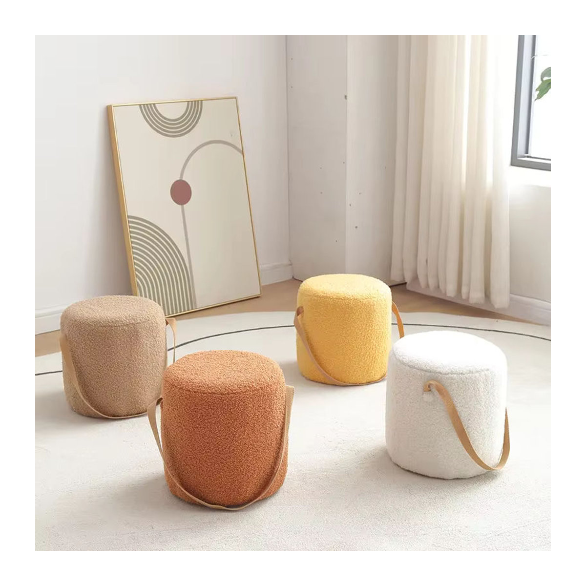 Runder Polsterhocker von LIUSHADUOLA aus Samt und Bouclé in Beige oder Braun, minimalistische Ottomane für dein Wohnzimmer - Bild 5