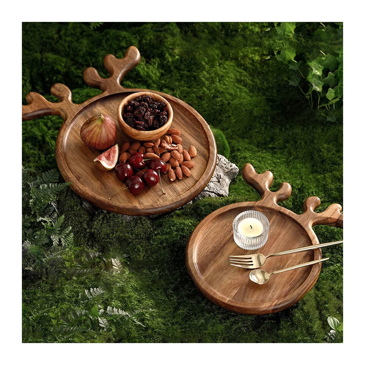 Runder Servierteller aus Holz mit Geweih-Design in Braun für Weihnachten, rustikales Holztablett für Obst, Käse und Snacks - Bild 2