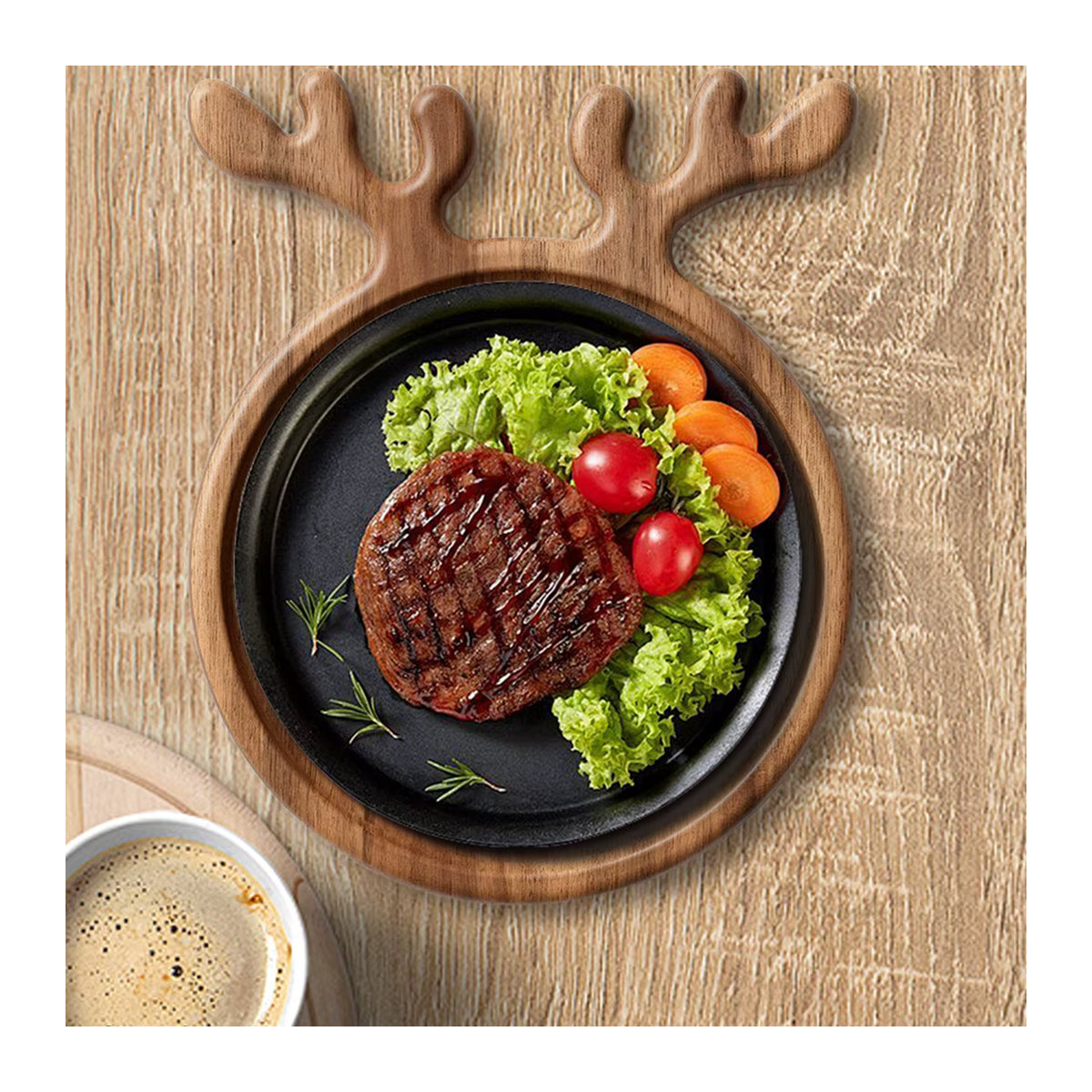 Runder Servierteller aus Holz mit Geweih-Design in Braun für Weihnachten, rustikales Holztablett für Obst, Käse und Snacks - Bild 3