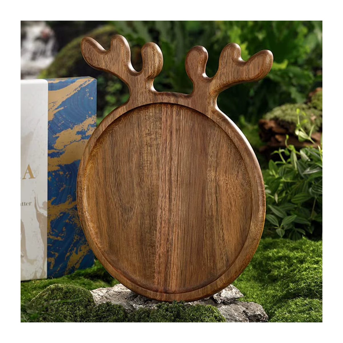 Runder Servierteller aus Holz mit Geweih-Design in Braun für Weihnachten, rustikales Holztablett für Obst, Käse und Snacks - Bild 5