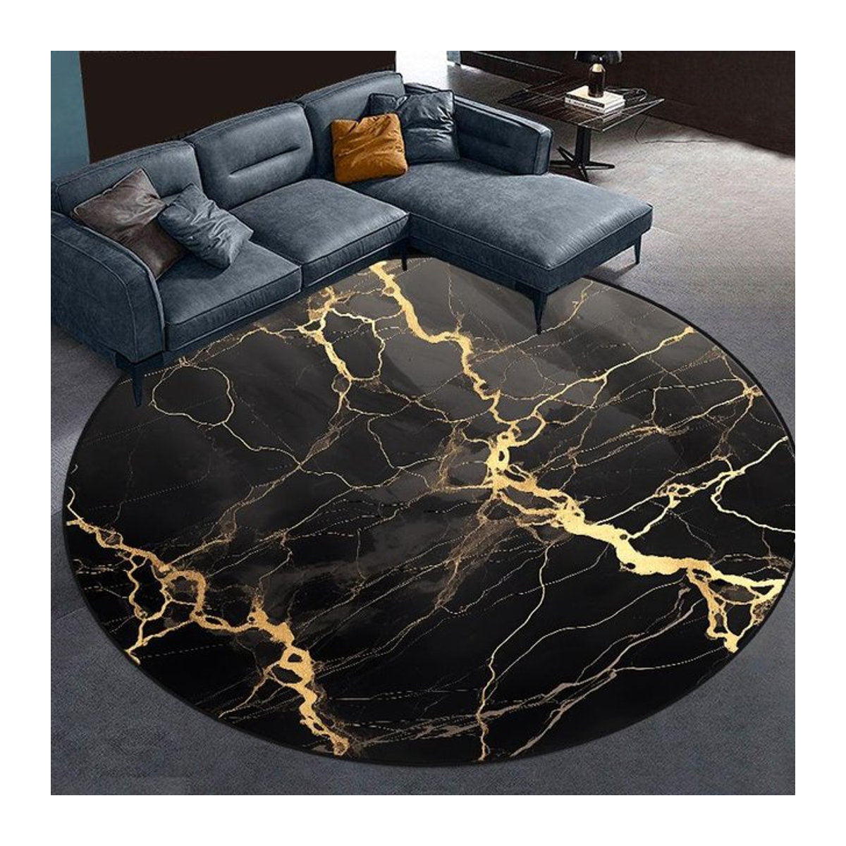 Runder Teppich JGJG in Schwarz mit abstraktem Marmor-Design, flauschig und groß, Durchmesser: 160 cm - Bild 1