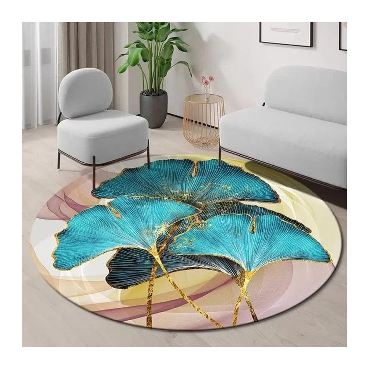 Runder Teppich Karpetti mit goldenem Ginkgoblatt Design in Gold und Mehrfarbig, abstrakter geometrischer Bereichsteppich für Wohnzimmer, Schlafzimmer oder Küche, rutschfest, Durchmesser: 40 cm - Bild 1