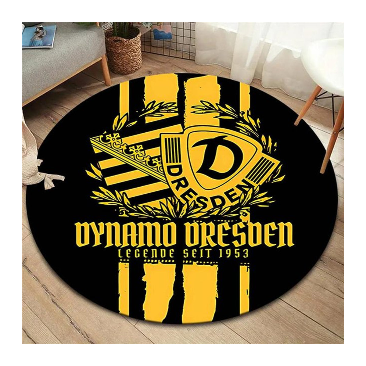 Runder Teppich SG Dynamo Dresden in Gelb mit Print, rutschfeste Bodenmatte für Wohnzimmer, Schlafzimmer oder Spielzimmer, Durchmesser: 100 cm - Bild 1