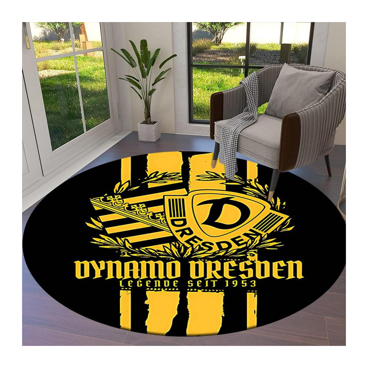 Runder Teppich SG Dynamo Dresden in Gelb mit Print, rutschfeste Bodenmatte für Wohnzimmer, Schlafzimmer oder Spielzimmer, Durchmesser: 100 cm - Bild 3