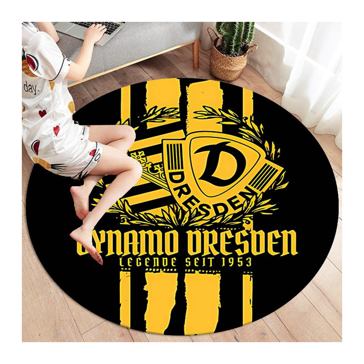 Runder Teppich SG Dynamo Dresden in Gelb mit Print, rutschfeste Bodenmatte für Wohnzimmer, Schlafzimmer oder Spielzimmer, Durchmesser: 100 cm - Bild 4