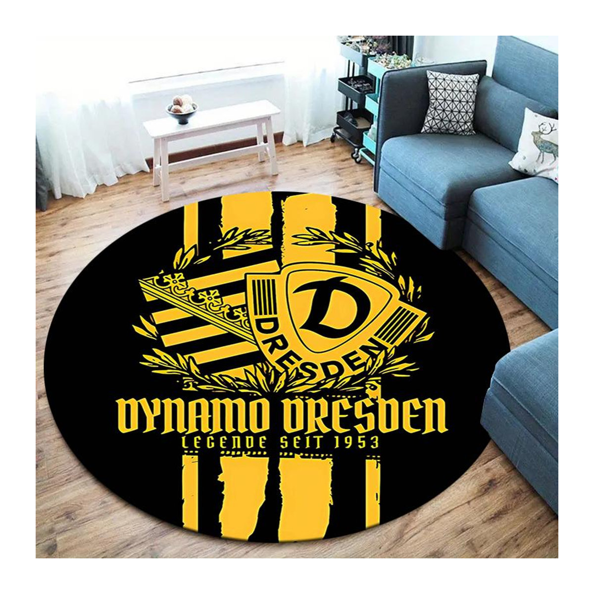 Runder Teppich SG Dynamo Dresden in Gelb mit Print, rutschfeste Bodenmatte für Wohnzimmer, Schlafzimmer oder Spielzimmer, Durchmesser: 100 cm - Bild 5