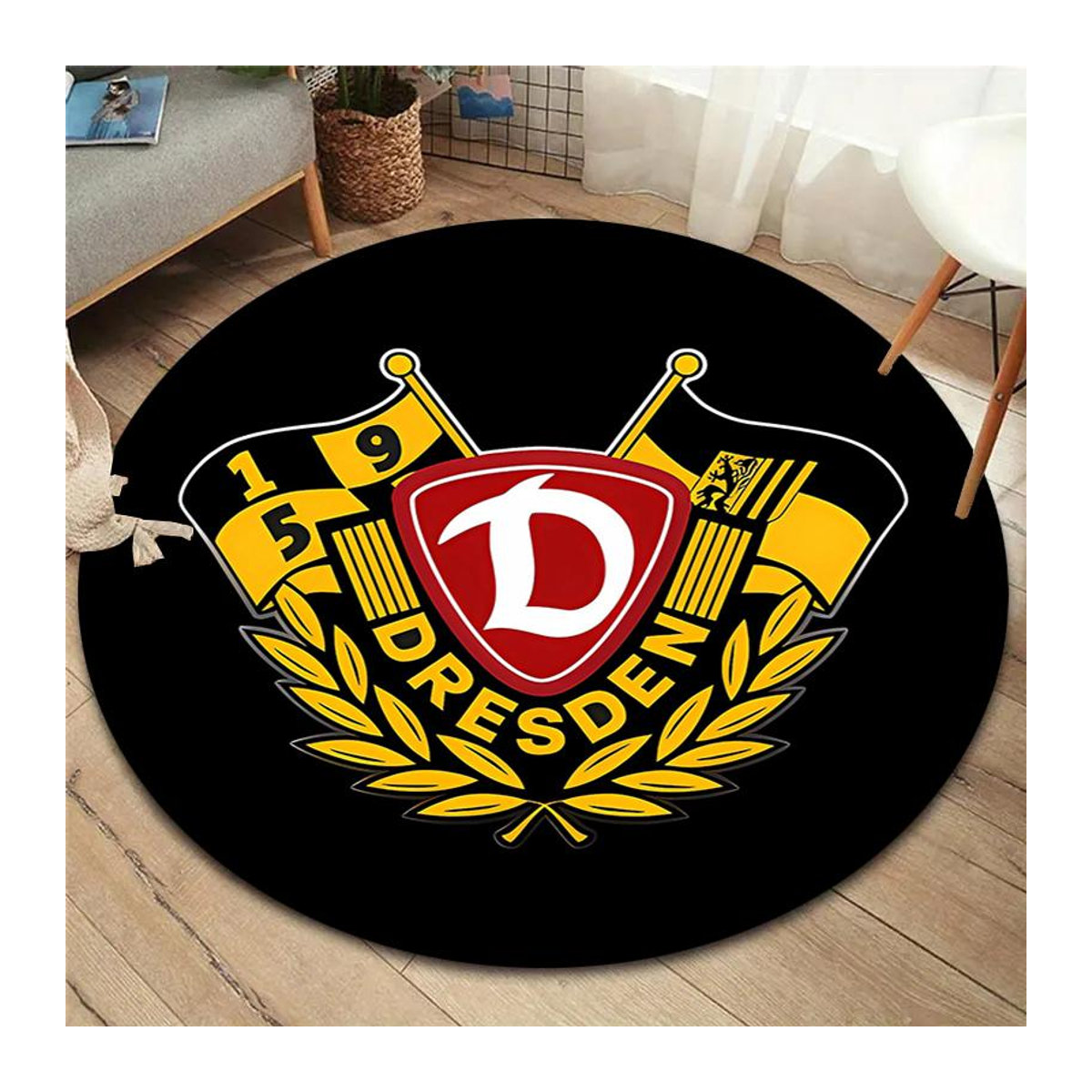Runder Teppich SG Dynamo Dresden in Gelb mit Print, rutschfeste Bodenmatte für Wohnzimmer, Schlafzimmer oder Spielzimmer, Durchmesser: 100 cm - Bild 6