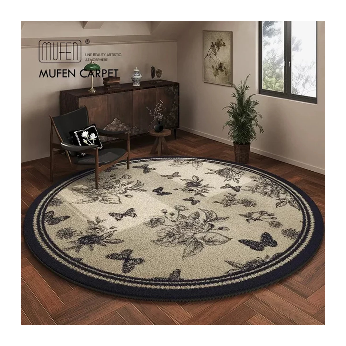 Runder Teppich VIKAMA in Beige im französischen Luxus-Stil mit antikem Flor für Wohnzimmer und Schlafzimmer - Bild 1