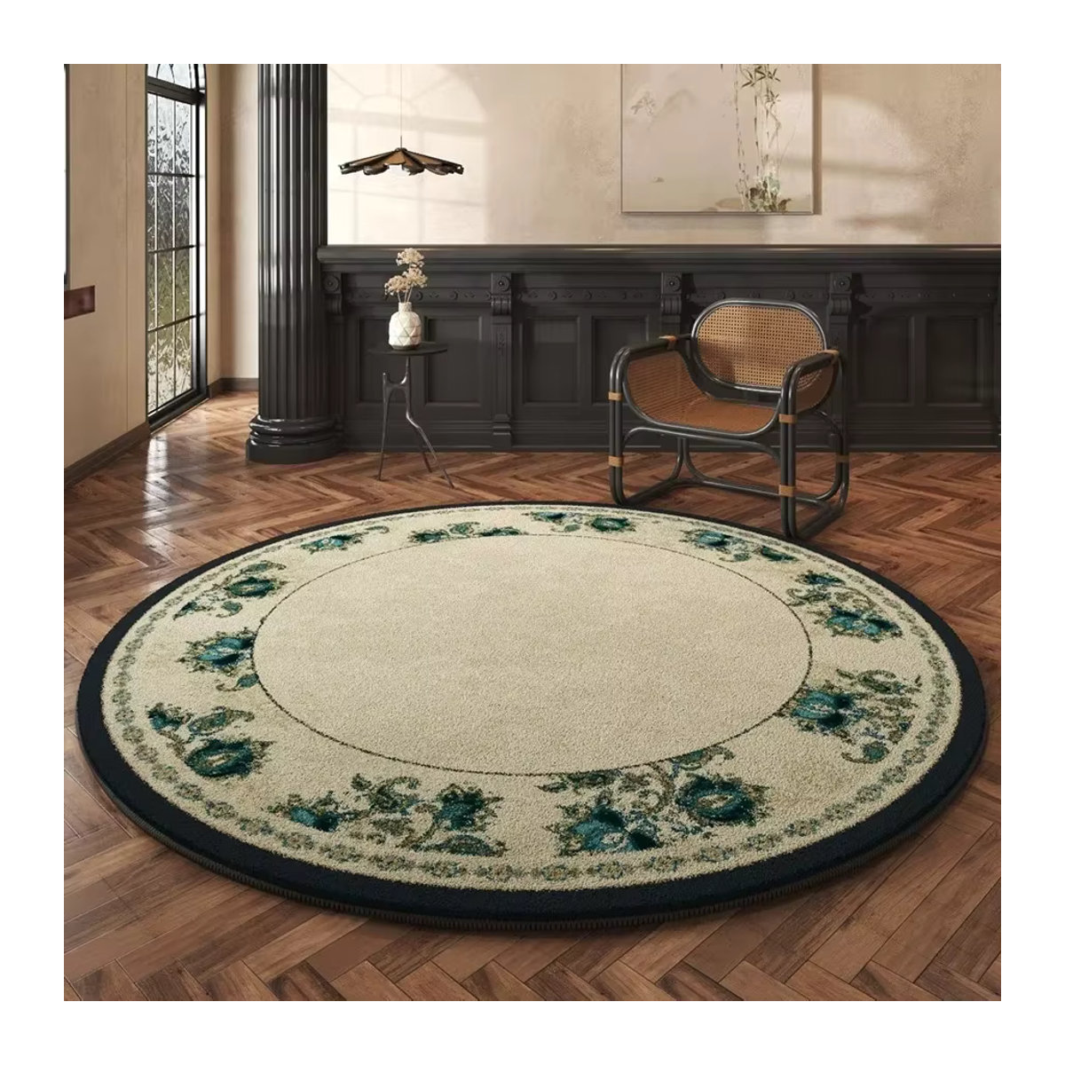 Runder Teppich VIKAMA in Beige im französischen Luxus-Stil mit antikem Flor für Wohnzimmer und Schlafzimmer - Bild 2