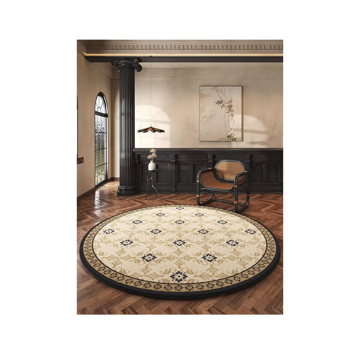 Runder Teppich VIKAMA in Beige im französischen Luxus-Stil mit antikem Flor für Wohnzimmer und Schlafzimmer - Bild 3