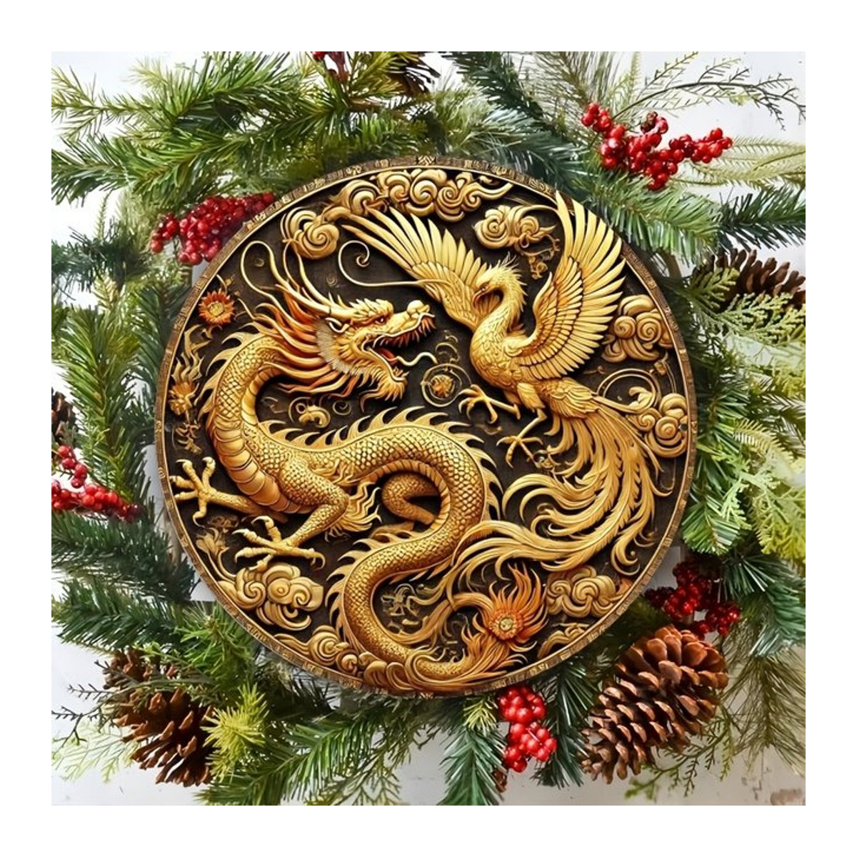 Runder Wandbehang aus Holz mit Drache und Phoenix Motiv in Gold, Durchmesser: 20 cm - Bild 1