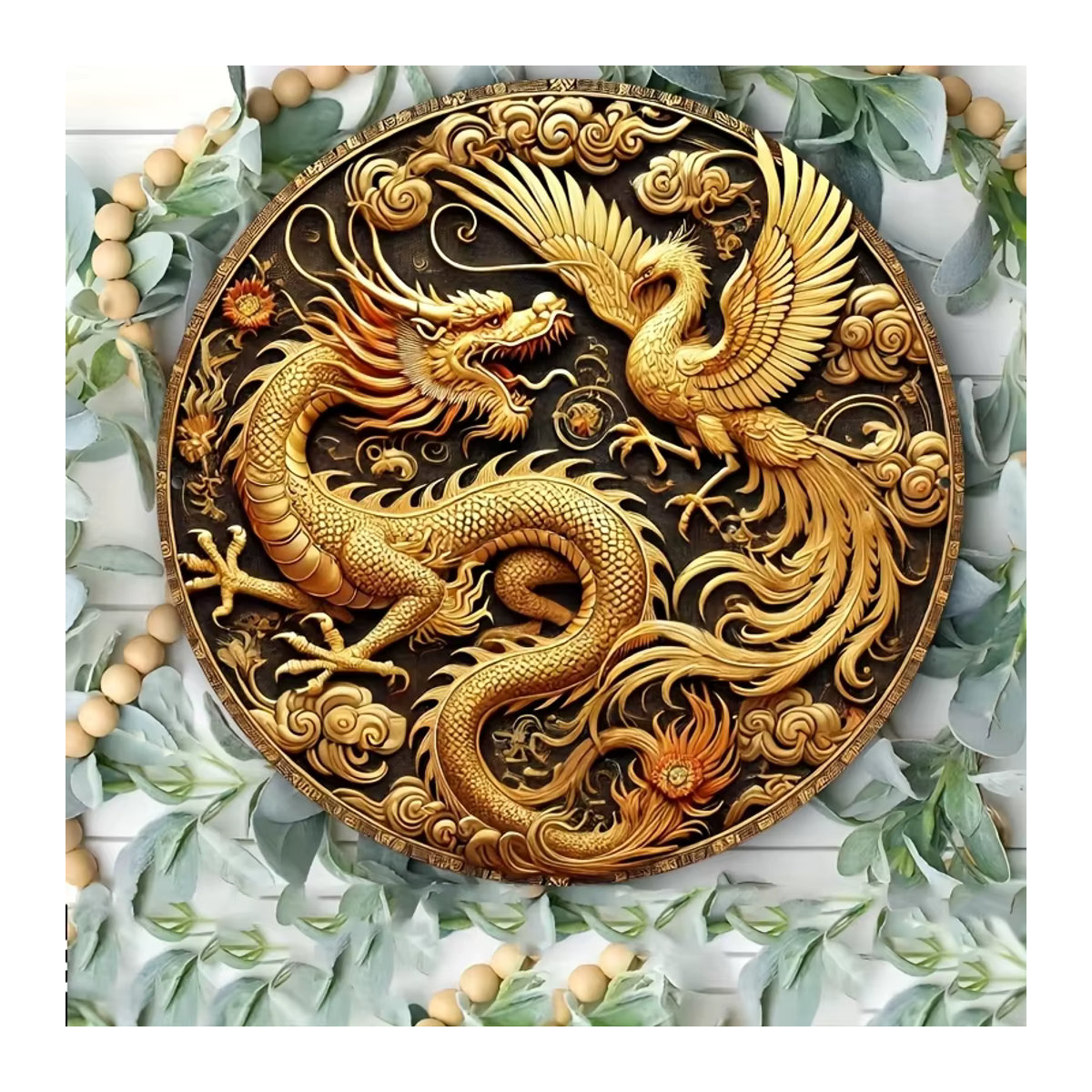 Runder Wandbehang aus Holz mit Drache und Phoenix Motiv in Gold, Durchmesser: 20 cm - Bild 2