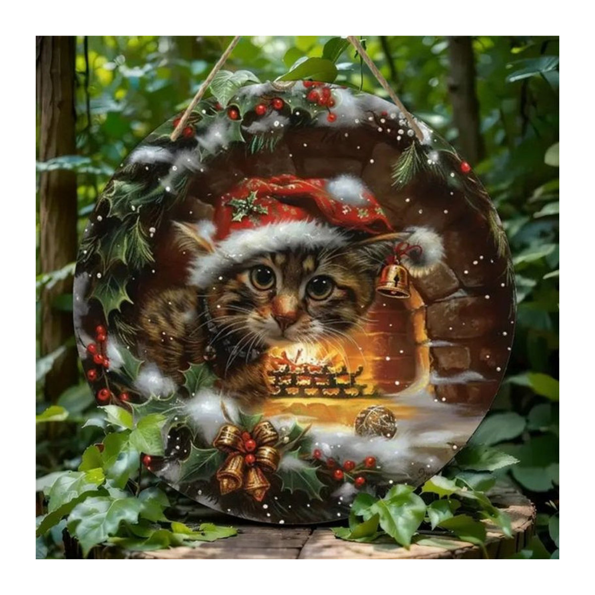 Rundes 2D-Retro-Weihnachtskatzen-Holzschild in Grün und Mehrfarbig zur hängenden Dekoration - Bild 1