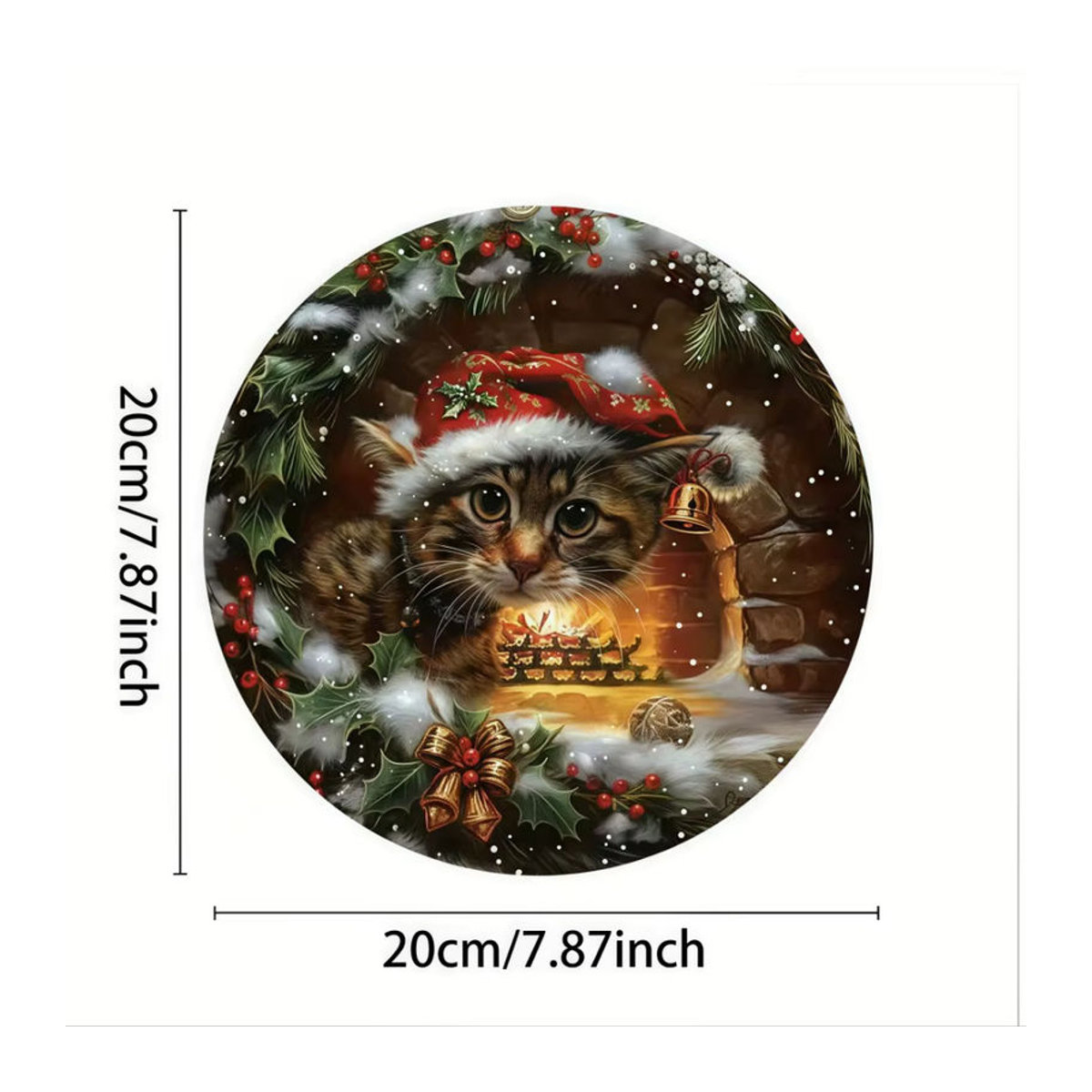 Rundes 2D-Retro-Weihnachtskatzen-Holzschild in Grün und Mehrfarbig zur hängenden Dekoration - Bild 2