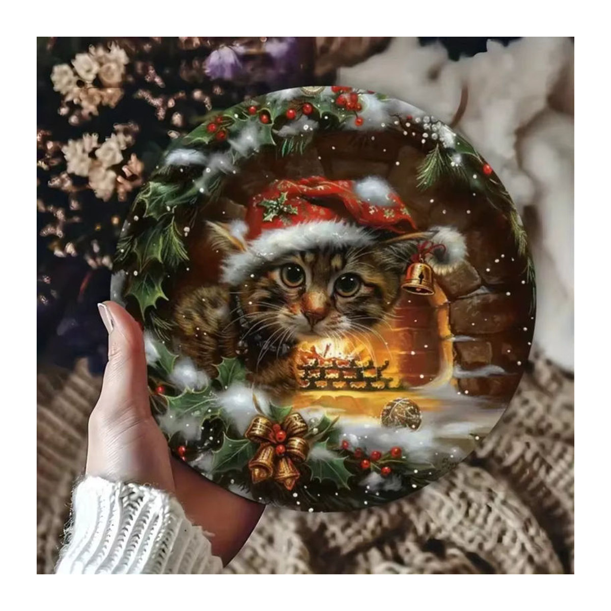 Rundes 2D-Retro-Weihnachtskatzen-Holzschild in Grün und Mehrfarbig zur hängenden Dekoration - Bild 5