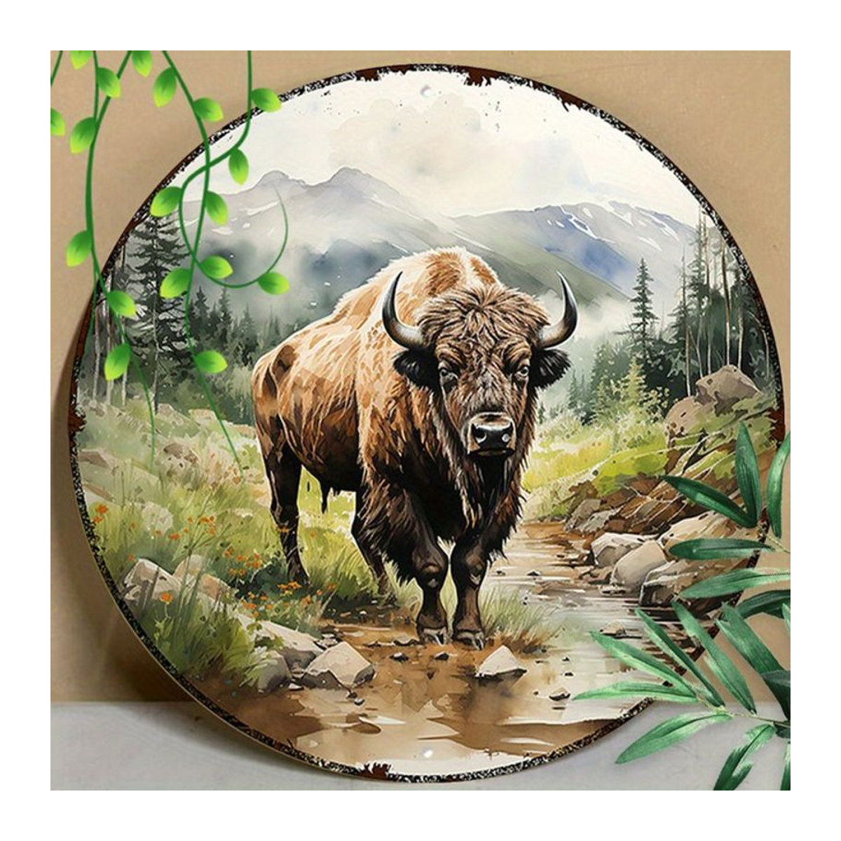 Rundes Aluminium-Metallschild Bison von Potdemiel, rustikale Wandkunst mit Naturmotiv, mehrfarbig, Durchmesser: 20,32 cm - Bild 1