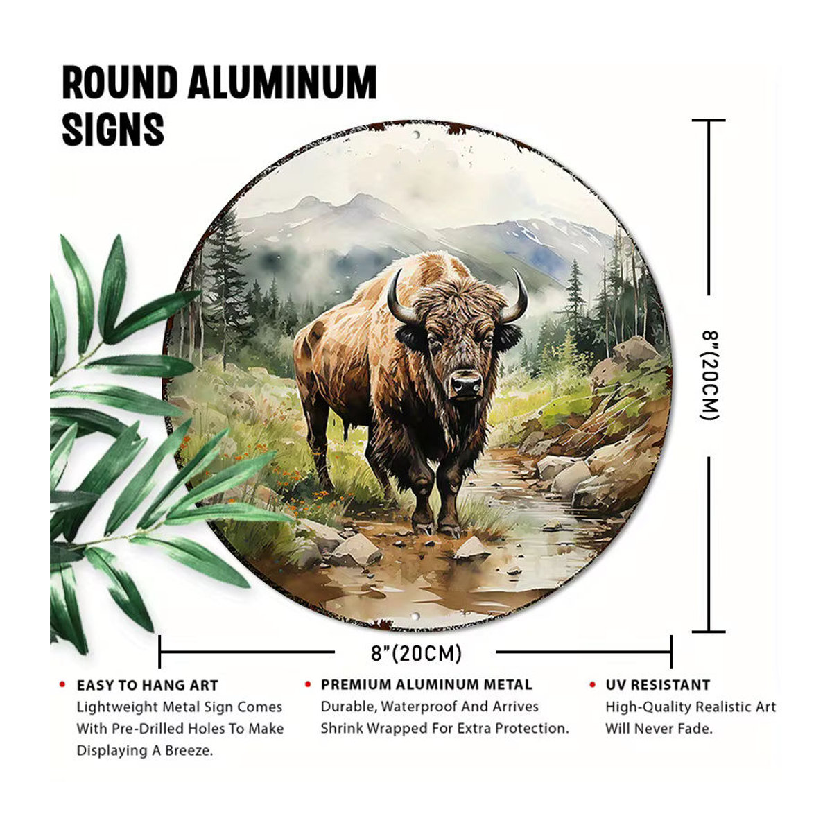 Rundes Aluminium-Metallschild Bison von Potdemiel, rustikale Wandkunst mit Naturmotiv, mehrfarbig, Durchmesser: 20,32 cm - Bild 2