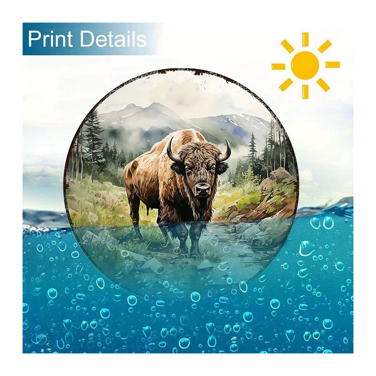 Rundes Aluminium-Metallschild Bison von Potdemiel, rustikale Wandkunst mit Naturmotiv, mehrfarbig, Durchmesser: 20,32 cm - Bild 3