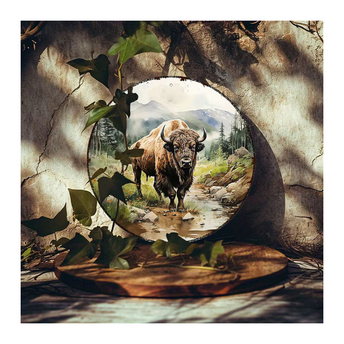 Rundes Aluminium-Metallschild Bison von Potdemiel, rustikale Wandkunst mit Naturmotiv, mehrfarbig, Durchmesser: 20,32 cm - Bild 5
