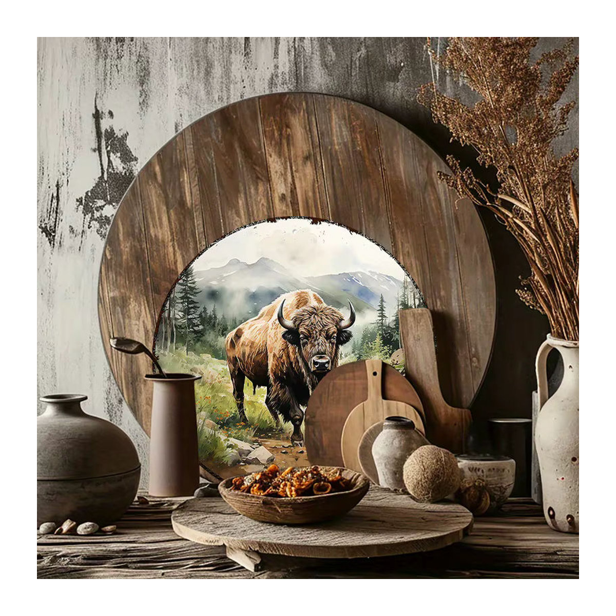 Rundes Aluminium-Metallschild Bison von Potdemiel, rustikale Wandkunst mit Naturmotiv, mehrfarbig, Durchmesser: 20,32 cm - Bild 6