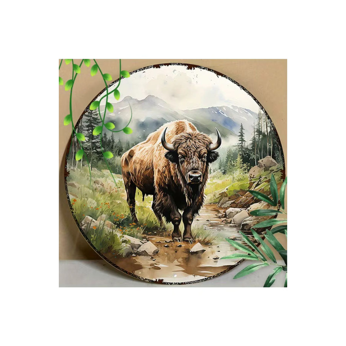 Rundes Aluminium-Metallschild Bison von Potdemiel, rustikale Wandkunst mit Naturmotiv, mehrfarbig, Durchmesser: 20,32 cm - Bild 7