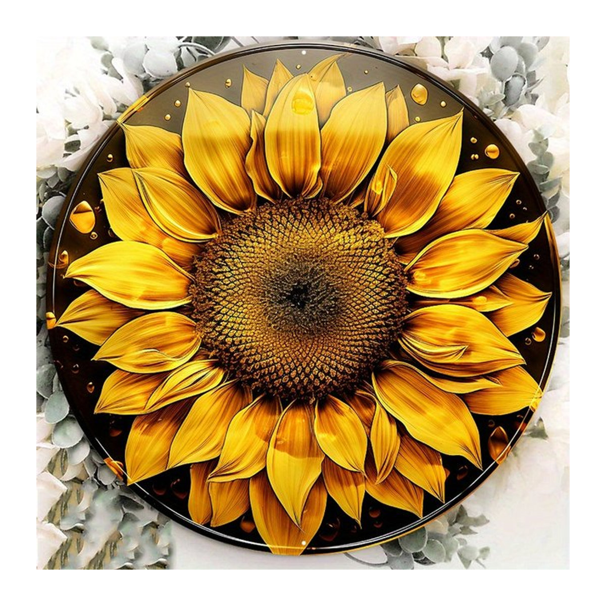 Rundes Aluminium-Metallschild Potdemiel mit Herbst-Sonnenblumen-Kranz Design, gelb, Durchmesser: 20,3 cm - Bild 1