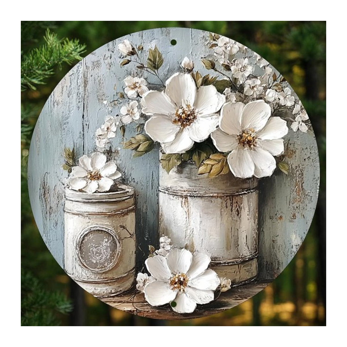 Rundes Aluminium-Wandkunstschild mit floralem Vintage-Motiv in Weiß und Grün, Durchmesser: 20,3 cm - Bild 1