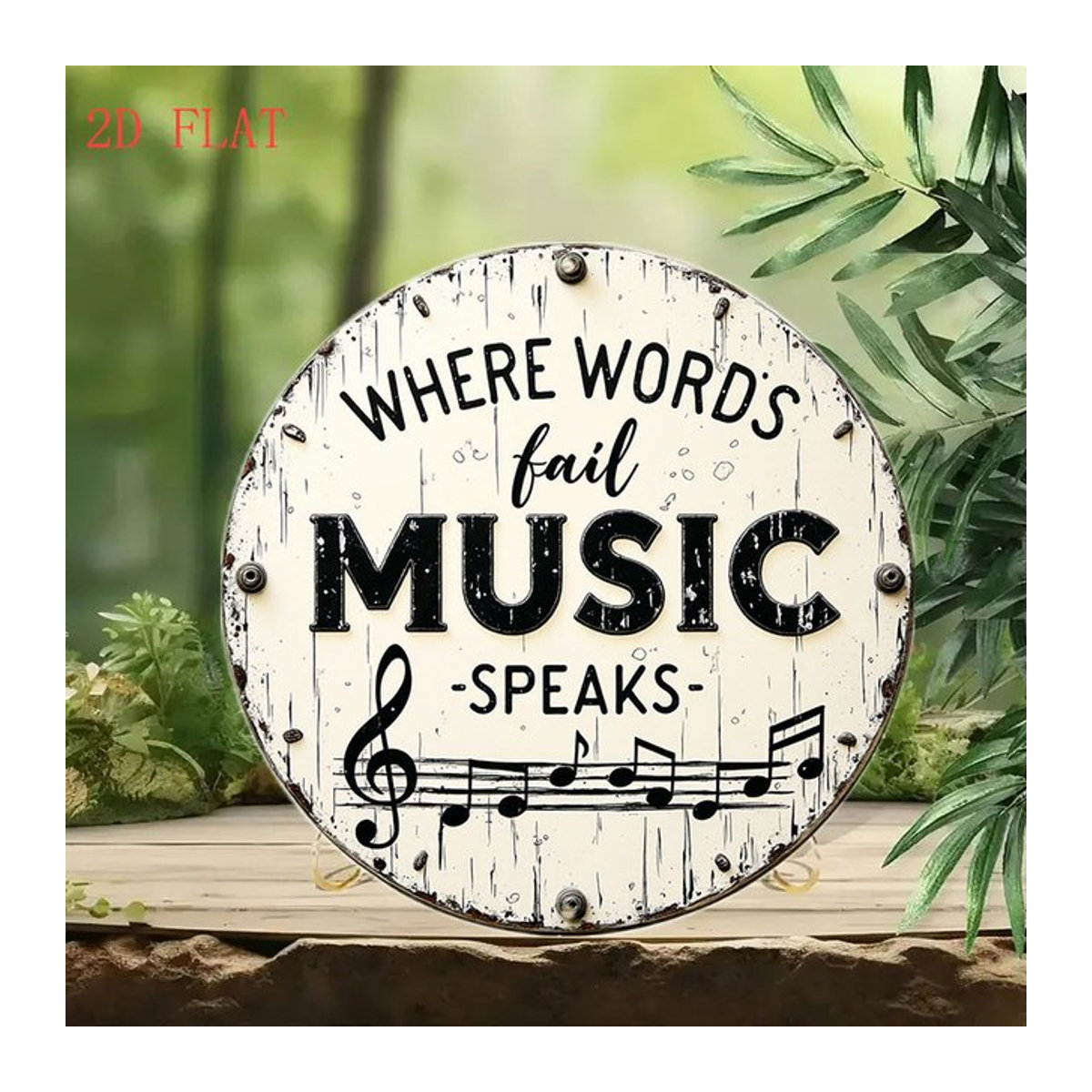 Rundes Aluminium-Wandschild Where Words Fail Music Speaks in Weiß, rustikales Metall-Dekor mit Musiknoten, Durchmesser: 20,32 cm - Bild 1