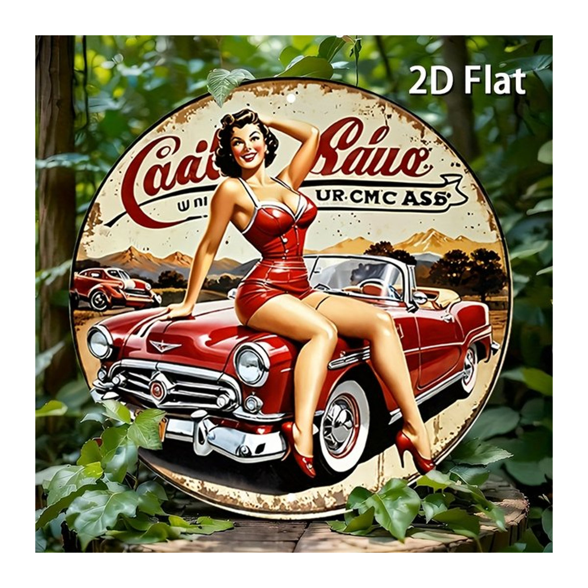 Rundes Aluminiumschild CACAISRAN Unity Vintage Car Girl mit rotem Auto in Retro-Optik, Durchmesser: 20,32 cm - Bild 1