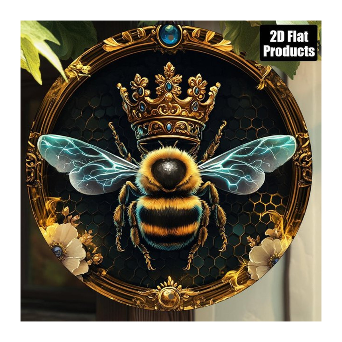 Rundes Aluminiumschild mit Bienenkönigin-Motiv und Blumenmuster in Vintage-Stil, mehrfarbig, Durchmesser: 20,3 cm - Bild 1