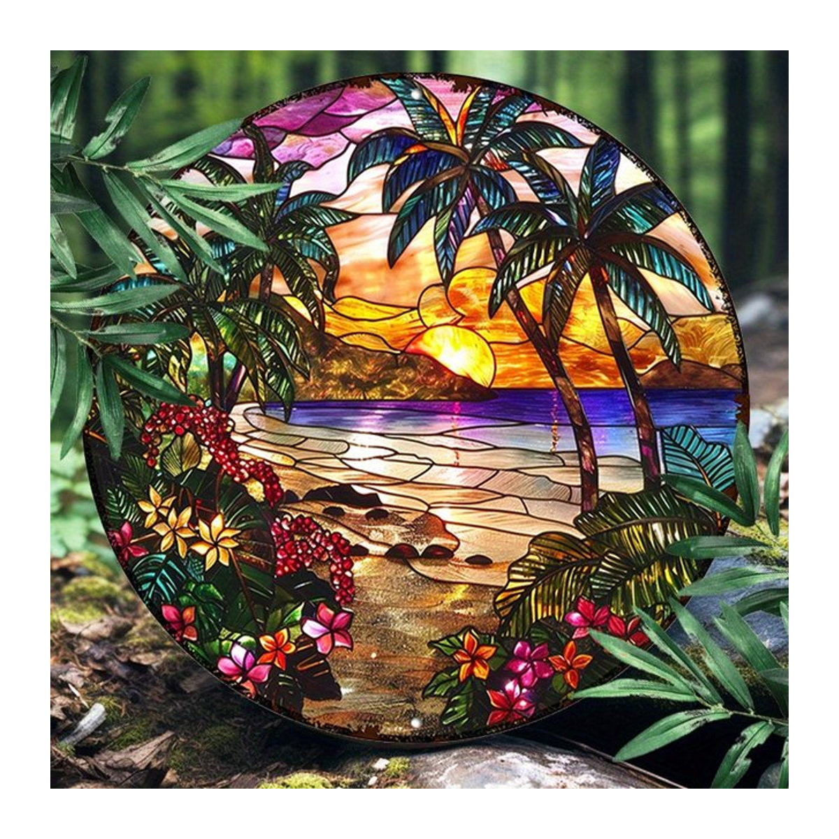 Rundes Aluminiumschild mit tropischer Strandszene von Potdemiel, mehrfarbig, Durchmesser: 20,3 cm - Bild 1