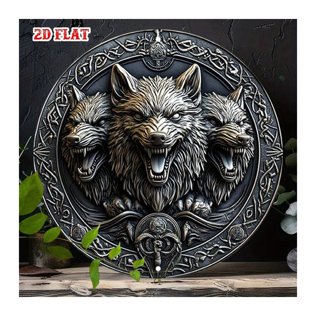 Rundes Aluminiumschild mit Wolfsgesichtern und keltischem Knotwork in Silber, Durchmesser: 19,99 cm - Bild 1