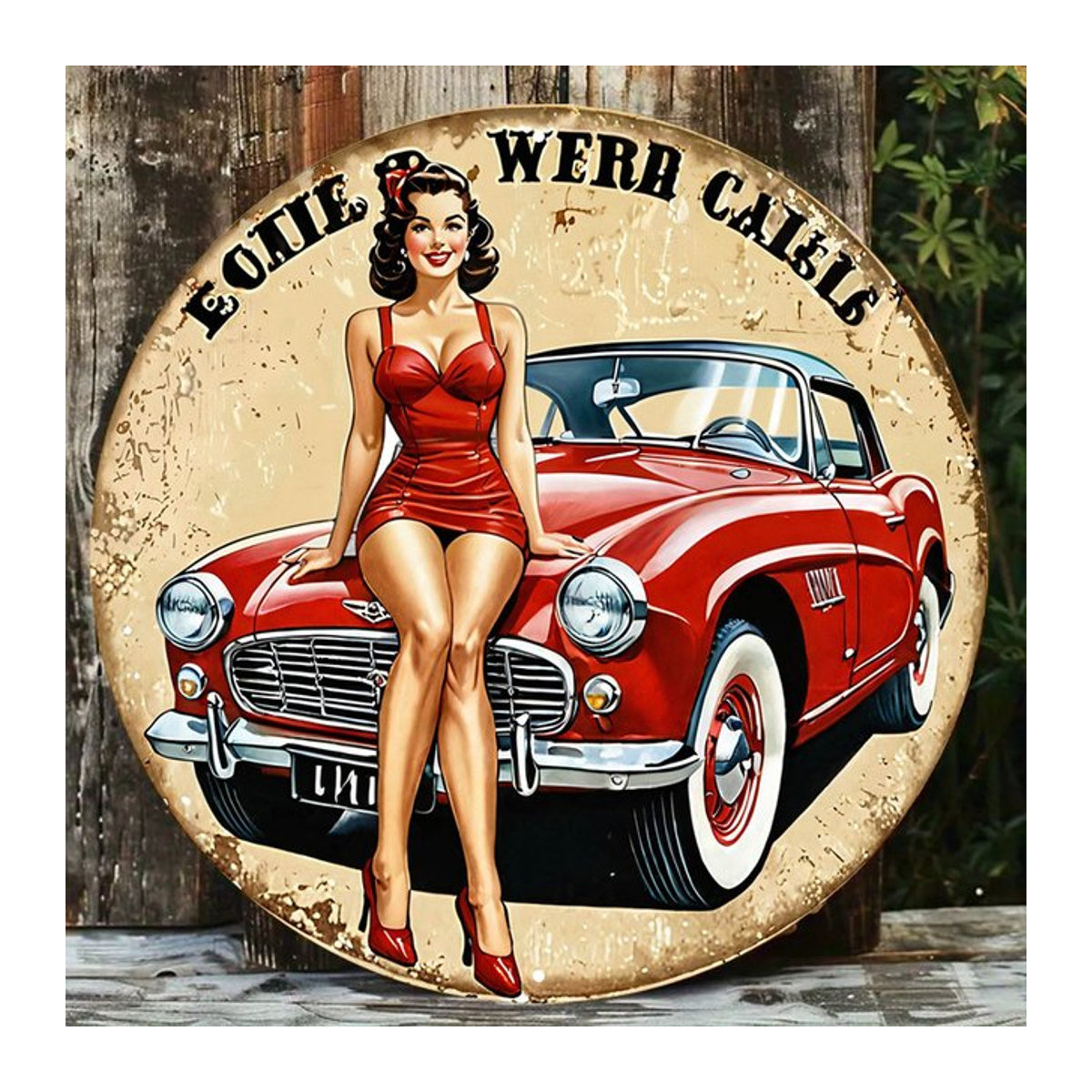 Rundes Aluminiumschild Potdemiel Car Girl Retro Metallwandkunst in Rot und Mehrfarbig - Bild 1