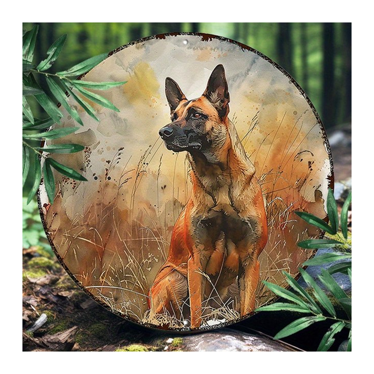 Rundes Aluminiumschild Potdemiel mit belgischem Malinois und Waldszene, mehrfarbig, Durchmesser: 20,32 cm - Bild 1
