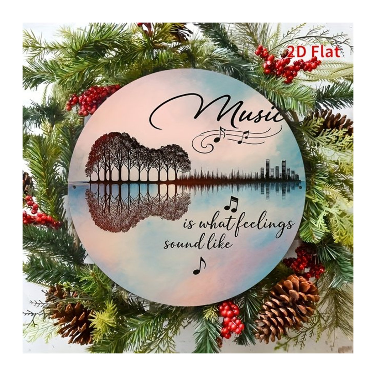 Rundes Aluminiumschild Potdemiel Music Is What Feelings Sound Like mit Gitarren- und Landschaftsdesign in Blau und Grün, Durchmesser: 20 cm - Bild 1
