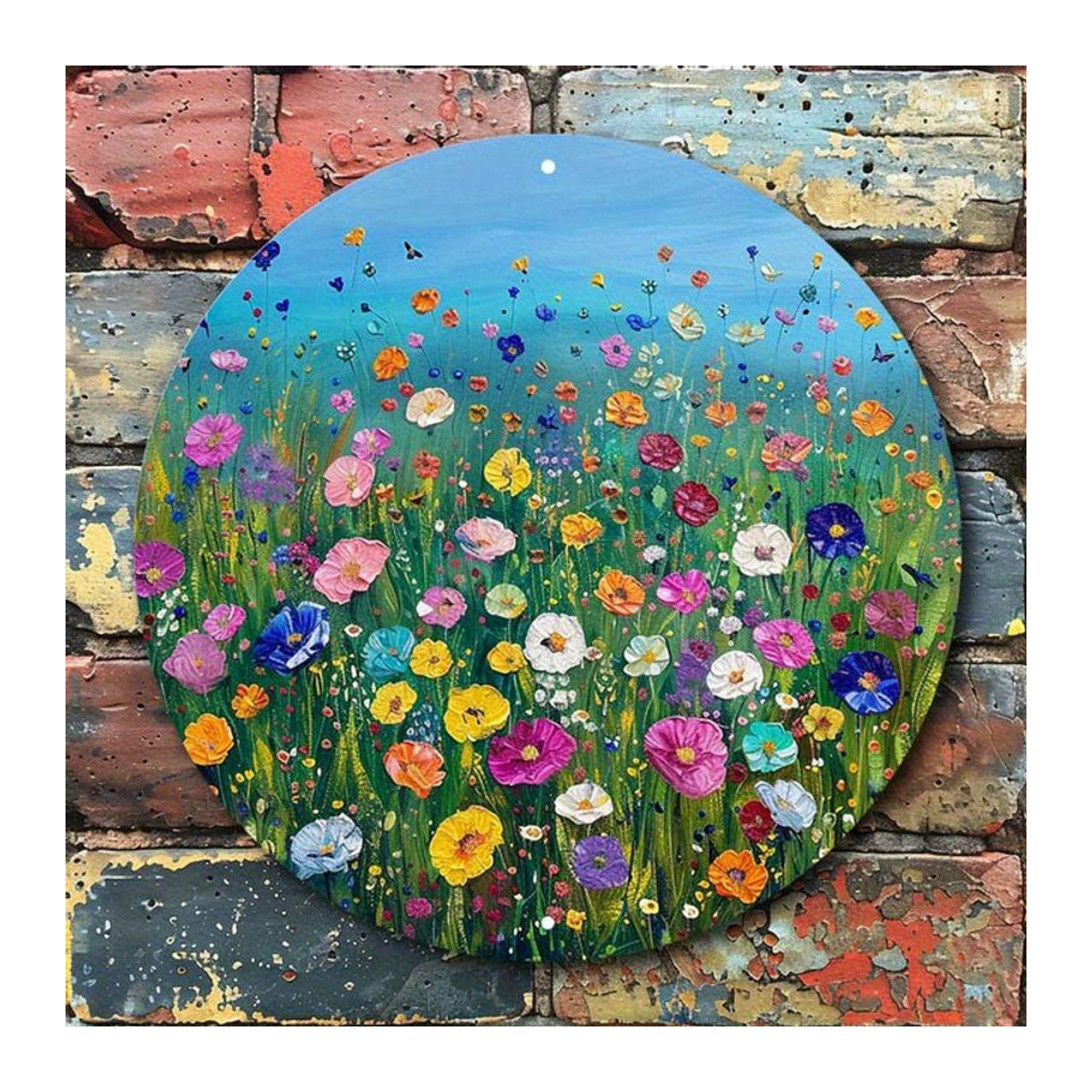 Rundes Aluminiumschild Vibrant Wildflower Bloom von Potdemiel mit buntem Blumenmotiv und rustikalem Backstein-Design, Durchmesser: 20 cm, mehrfarbig - Bild 1