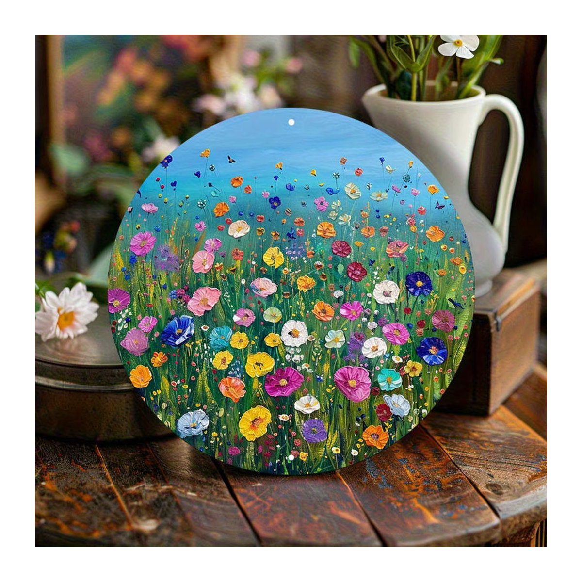 Rundes Aluminiumschild Vibrant Wildflower Bloom von Potdemiel mit buntem Blumenmotiv und rustikalem Backstein-Design, Durchmesser: 20 cm, mehrfarbig - Bild 3