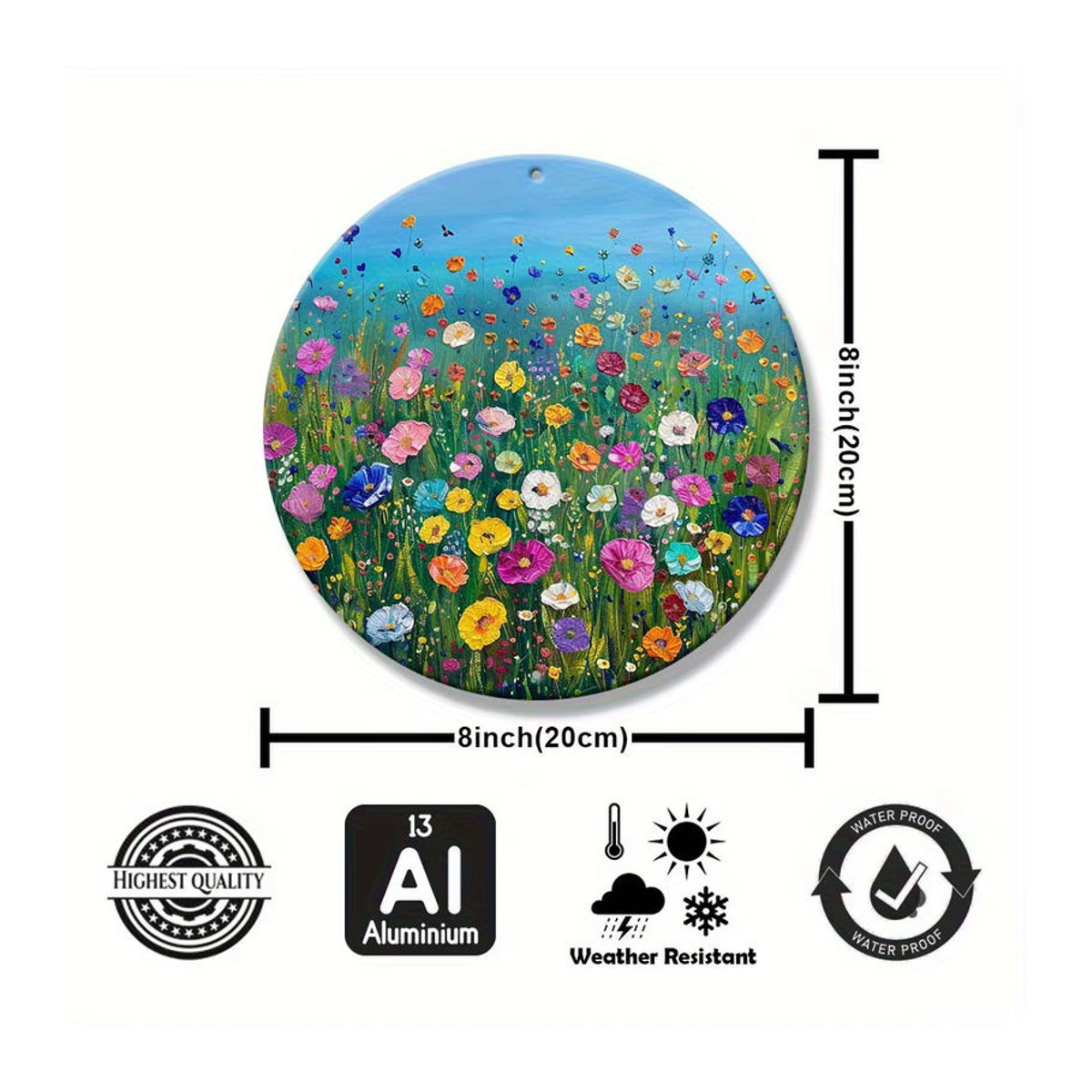 Rundes Aluminiumschild Vibrant Wildflower Bloom von Potdemiel mit buntem Blumenmotiv und rustikalem Backstein-Design, Durchmesser: 20 cm, mehrfarbig - Bild 4