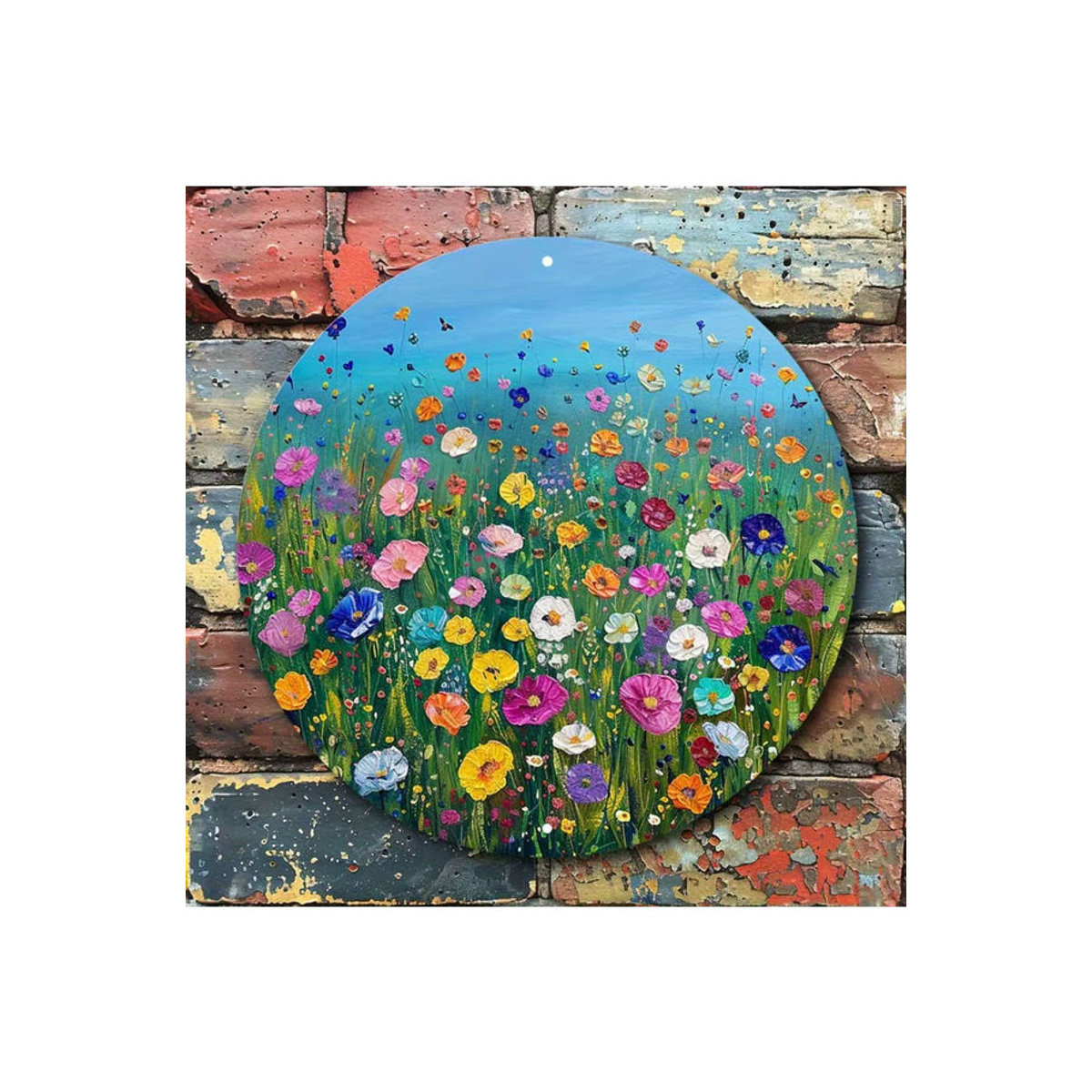 Rundes Aluminiumschild Vibrant Wildflower Bloom von Potdemiel mit buntem Blumenmotiv und rustikalem Backstein-Design, Durchmesser: 20 cm, mehrfarbig - Bild 6