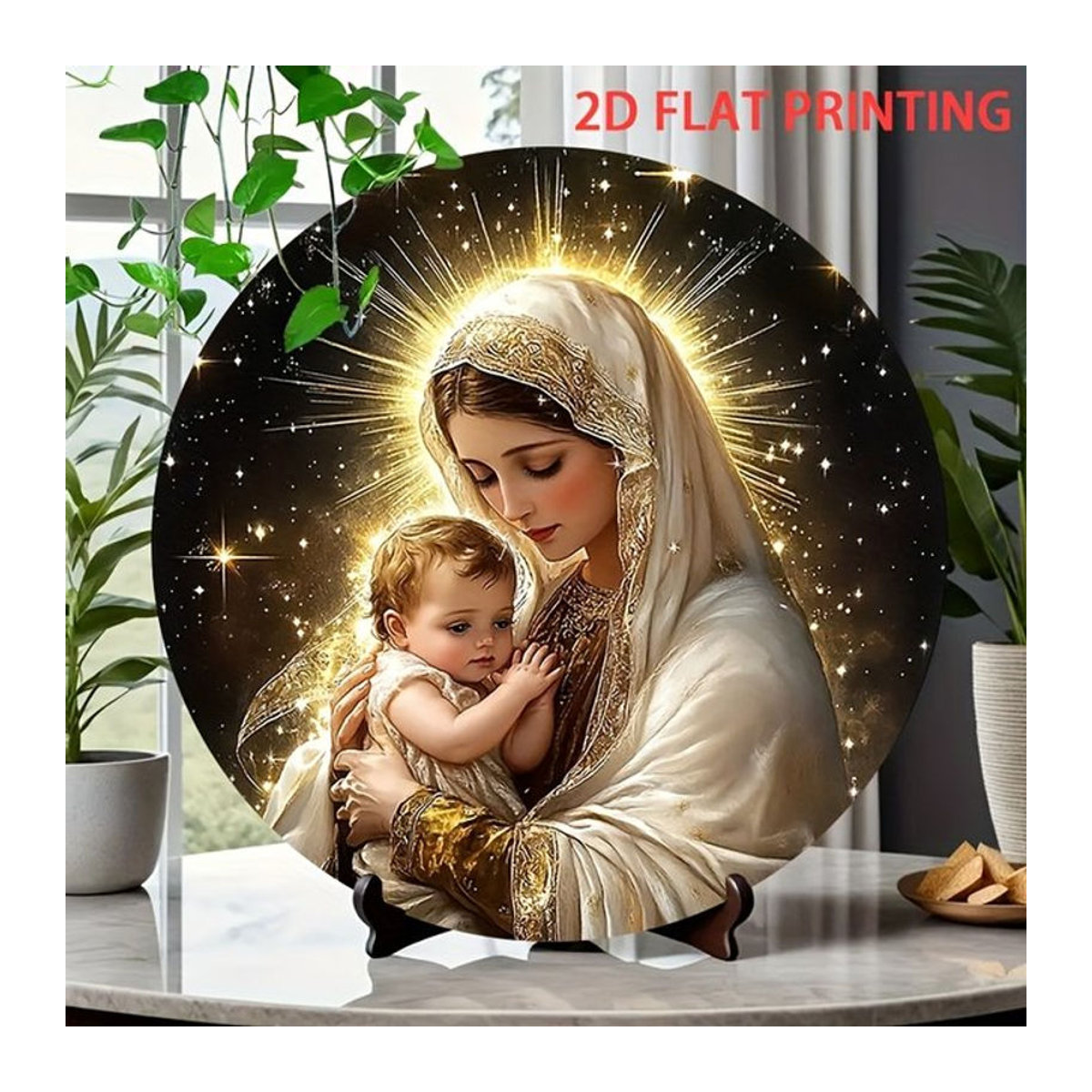Rundes Blechschild Potdemiel mit Heilige Mutter- und Kindskunst im Bohemian Stil, mehrfarbig, Durchmesser: 20,32 cm - Bild 1