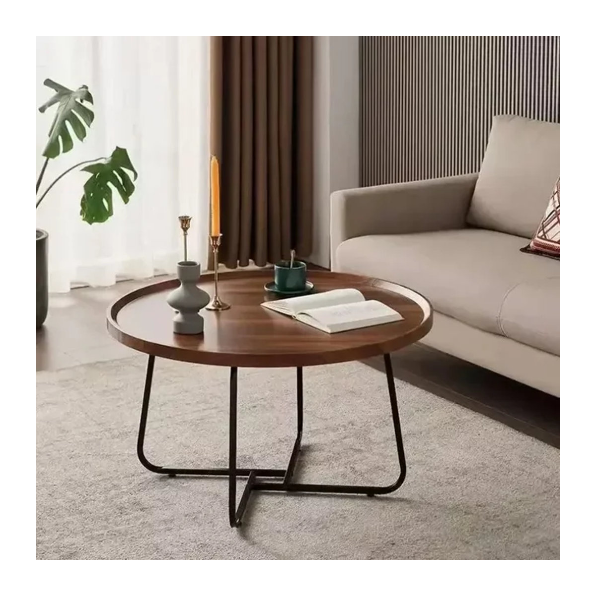 Rundes Couchtisch-Set von LIUSHADUOLA aus massivem Holz in Weiß oder Nussbaum, modernes 2-in-1 Design mit dreieckigen Beinen - Bild 1