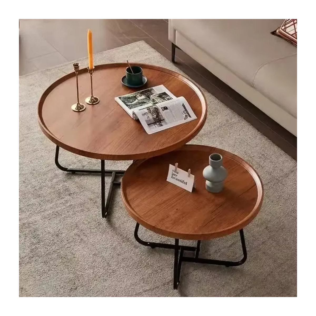 Rundes Couchtisch-Set von LIUSHADUOLA aus massivem Holz in Weiß oder Nussbaum, modernes 2-in-1 Design mit dreieckigen Beinen - Bild 2