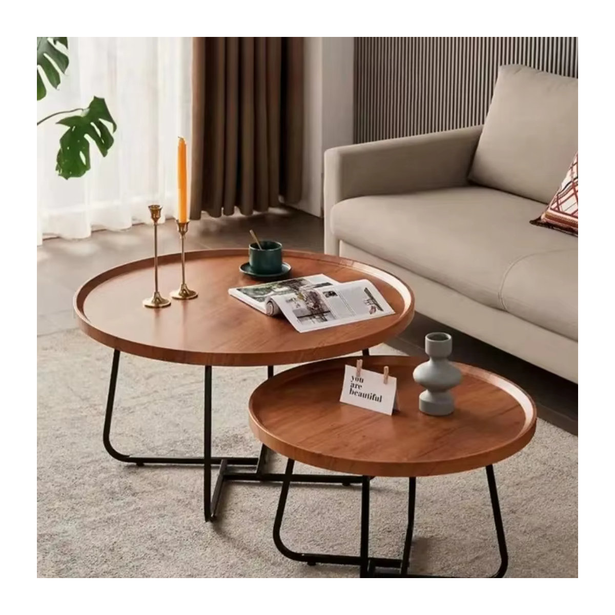 Rundes Couchtisch-Set von LIUSHADUOLA aus massivem Holz in Weiß oder Nussbaum, modernes 2-in-1 Design mit dreieckigen Beinen - Bild 3
