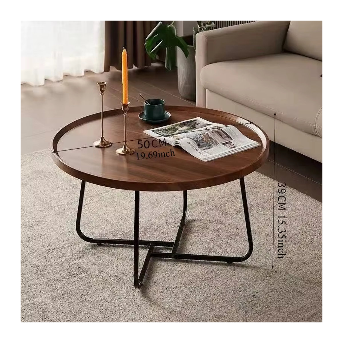 Rundes Couchtisch-Set von LIUSHADUOLA aus massivem Holz in Weiß oder Nussbaum, modernes 2-in-1 Design mit dreieckigen Beinen - Bild 4